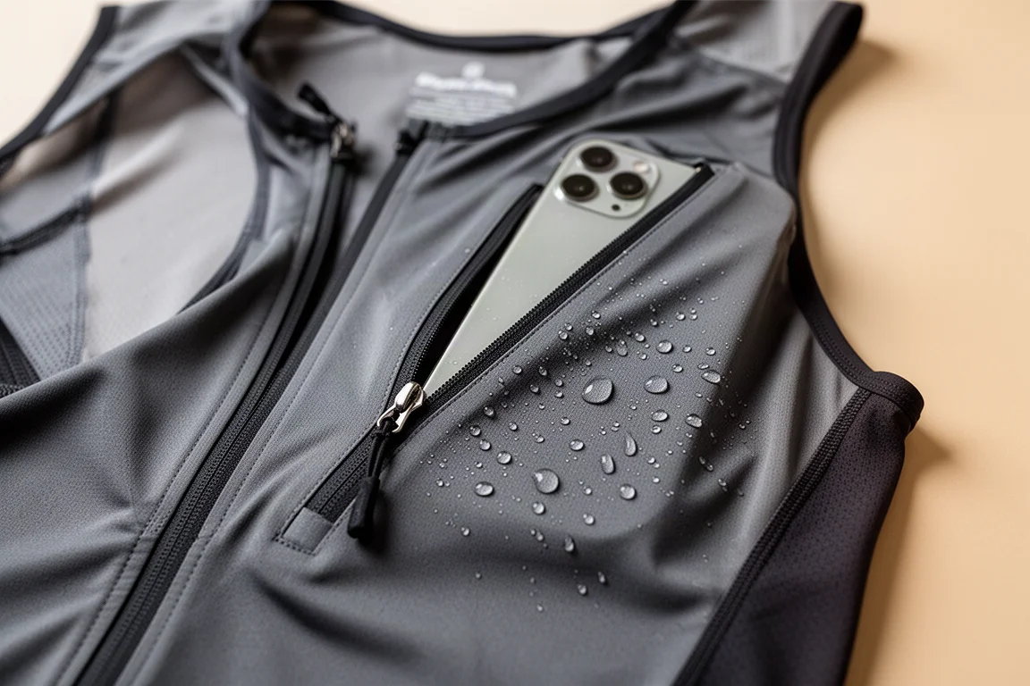 Bolsillo con cremallera resistente al agua de un chaleco de running conteniendo un smartphone