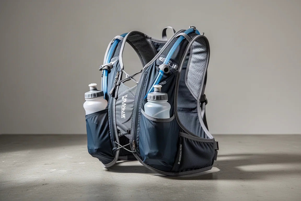 Nathan Pinnacle 4L hydration vest with front water bottles on a concrete surface