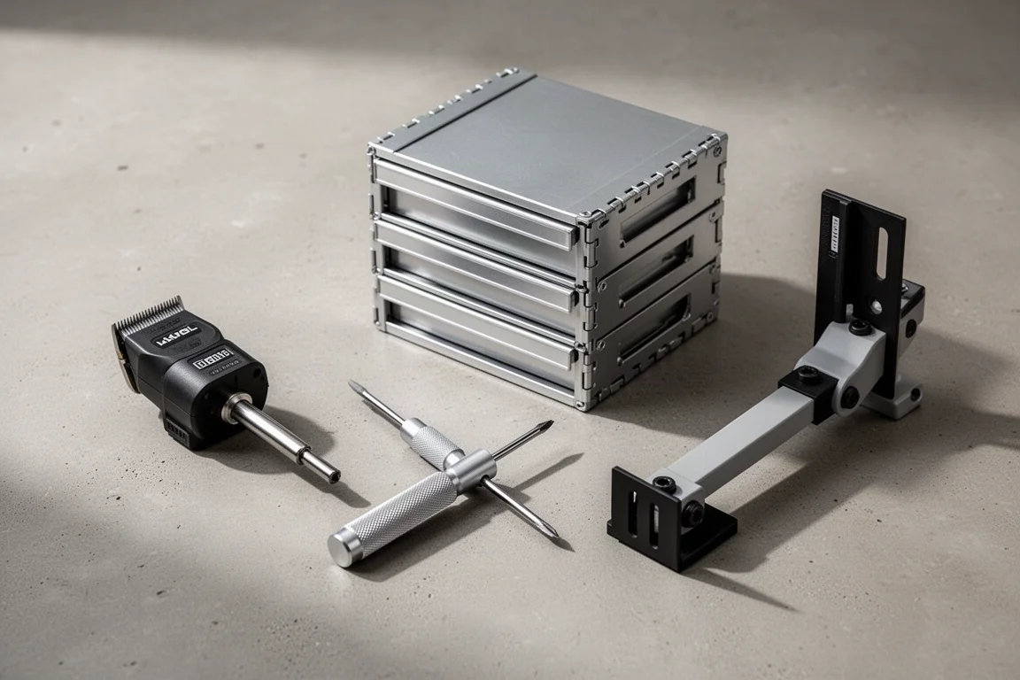 Four workshop products arranged on a concrete surface including a trimmer attachment, metal cabinet, screwdriver, and support arm