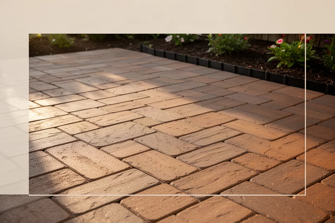 Patio esterno con pavimenti in gomma dall'aspetto di pietra sotto una luce soffusa serale