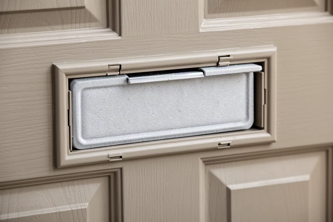 Feritoia della porta d'ingresso con coperchio isolante agganciato in posizione