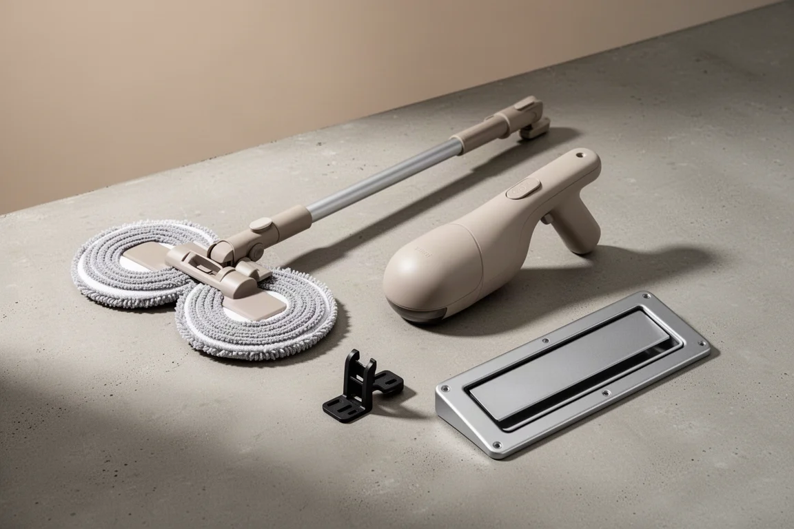 Assorted hardware and home products including a mop, suction lifter, tool clip, and mail slot insulator on concrete