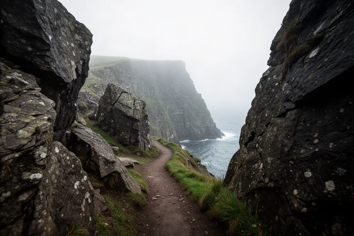 Rocky coastal trail winding past cliffs above the ocean in morning light