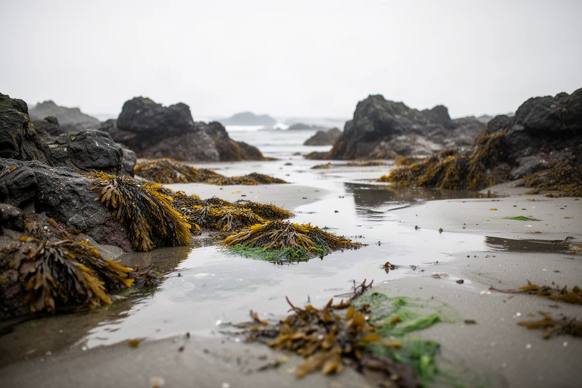 Low tide passage between rock formations with wet sand reflecting the sky