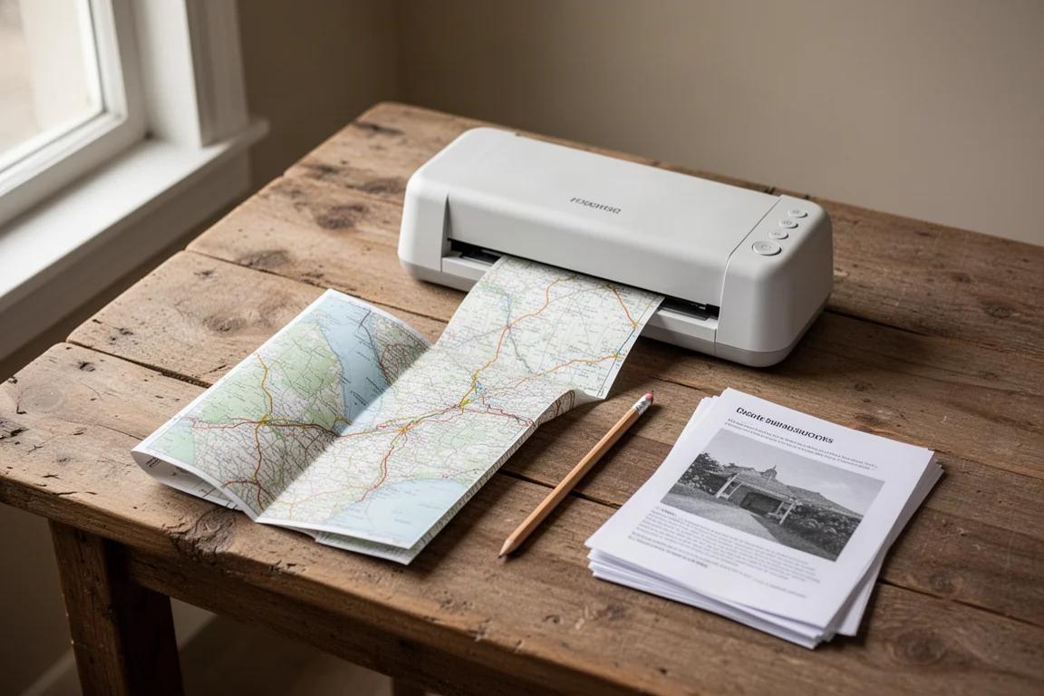 Flat-lay of a laminator, folded paper map, and pencil on a wooden table
