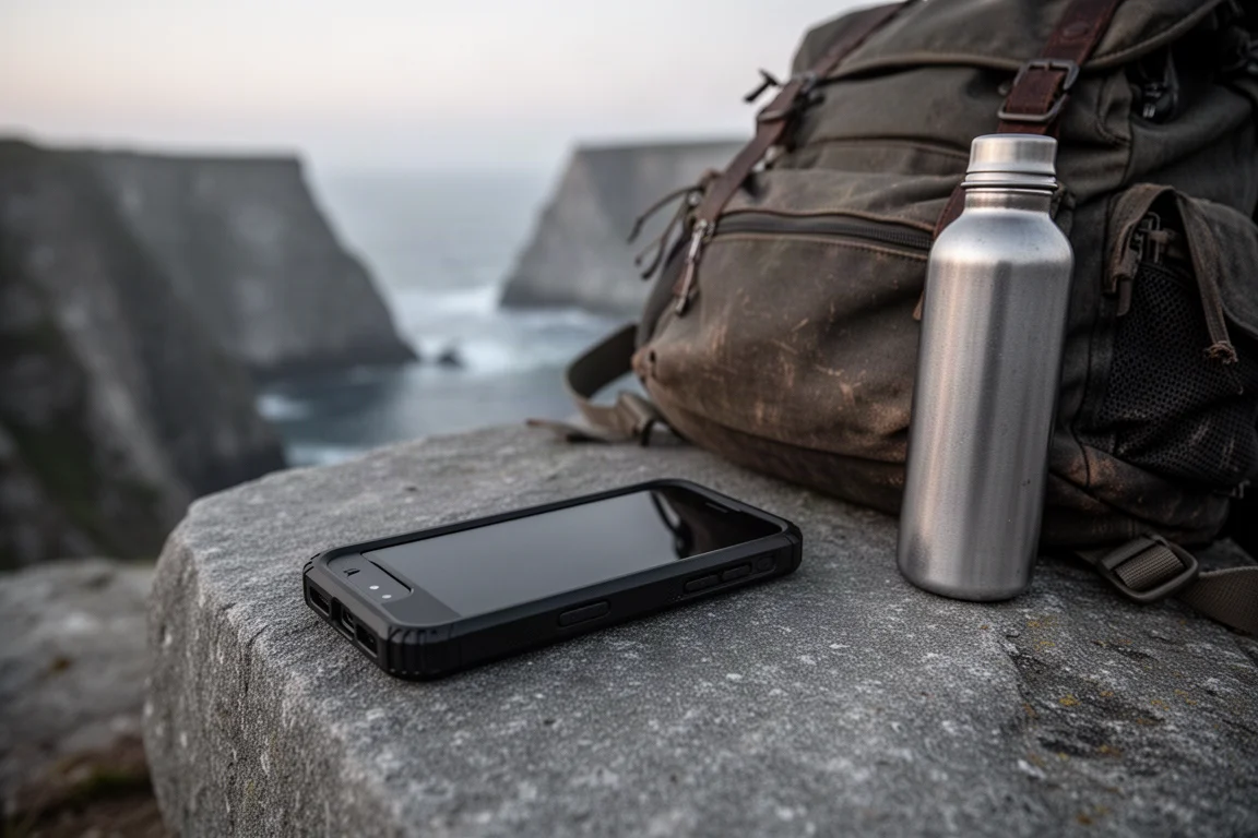 Rugged phone, backpack, and water bottle on a flat rock by the coast at dusk