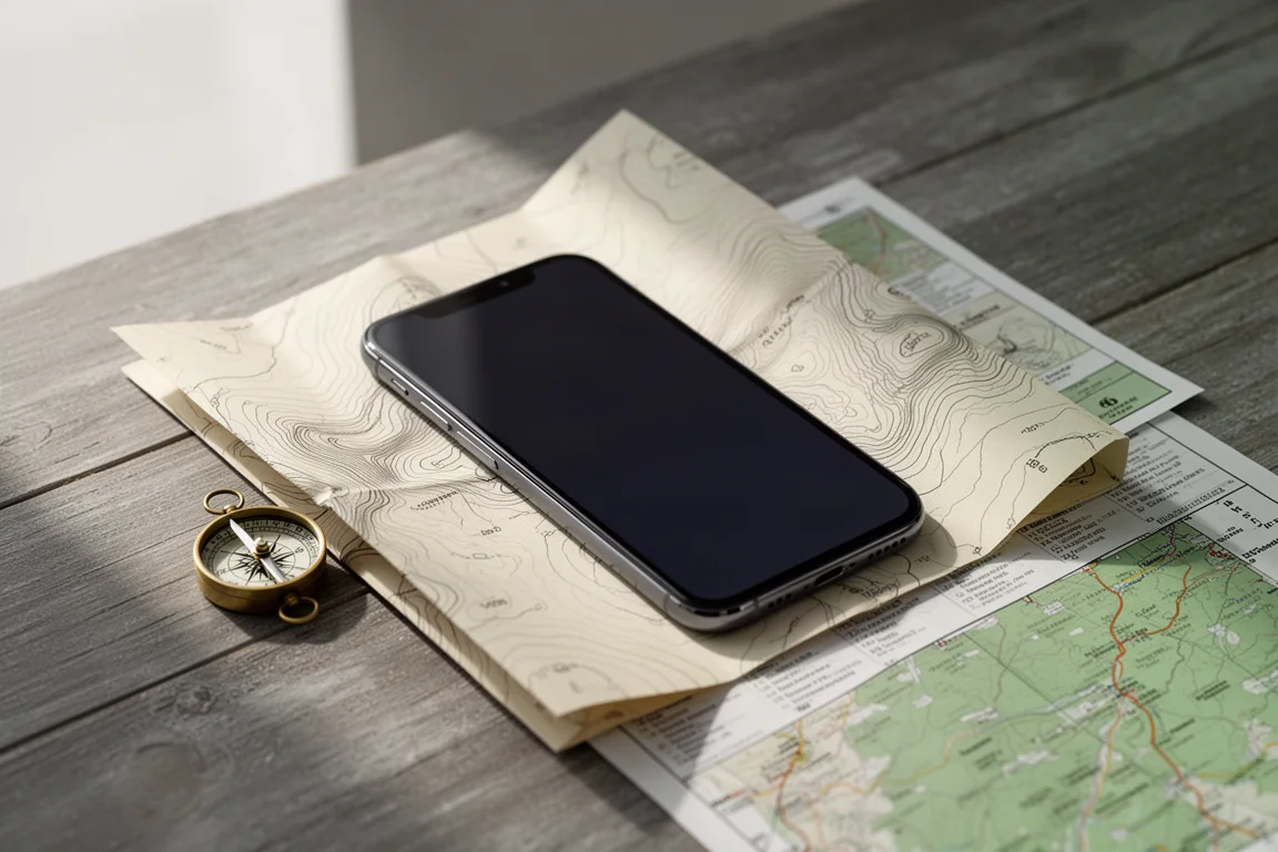 Smartphone on a folded topographic map with a compass and laminated map sheet