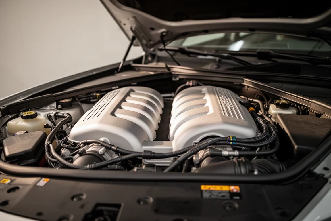 Primo piano di un vano motore V8 ad alti regimi sotto una luce soffusa d'officina