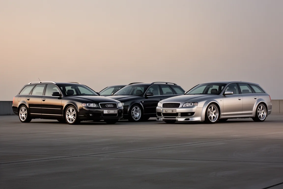 Four late-2000s performance saloons and estates parked in a line on a concrete forecourt