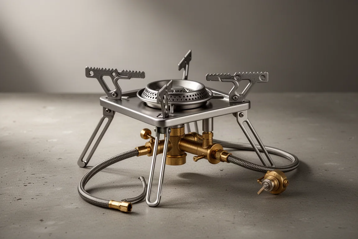 Compact three-burner stainless steel camping stove with brass fittings on concrete