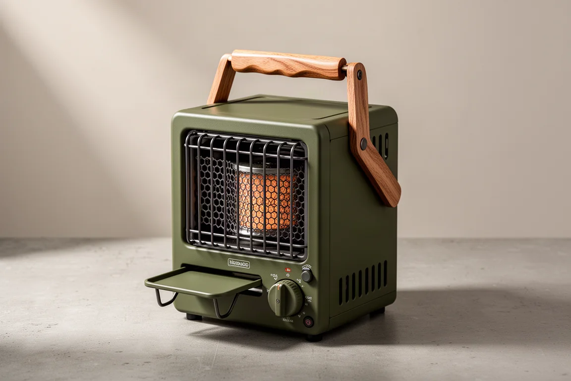 Compact cube-shaped Nature Hike portable heater stove in olive green on a concrete surface