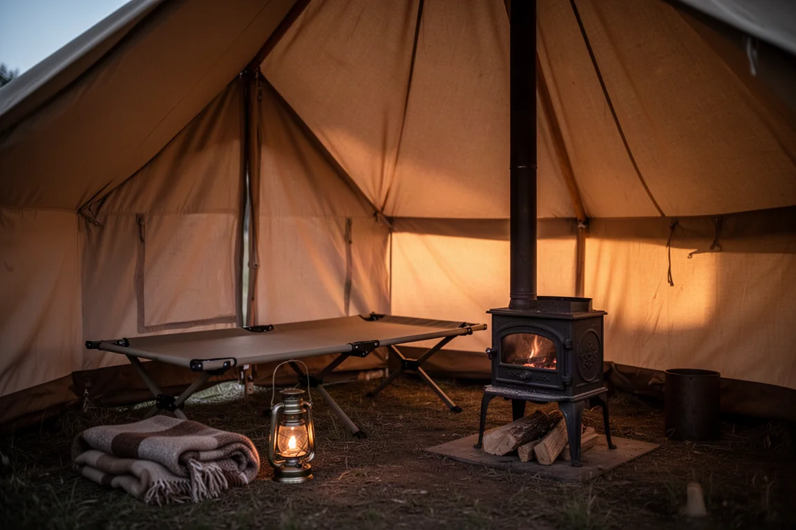 Cama de camping baixa e fogão a lenha dentro de uma barraca de lona aquecida, iluminados pela luz quente do entardecer