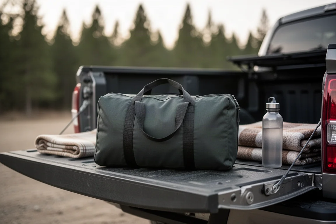 Bolsa da cama de camping dobrada com alça de transporte apoiada na tampa de uma caminhonete ao lado de equipamentos