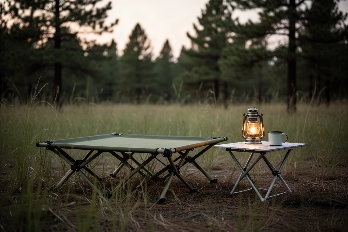 Cama de camping elevada usada como assento ao lado de uma mesa de acampamento e um lampião ao anoitecer