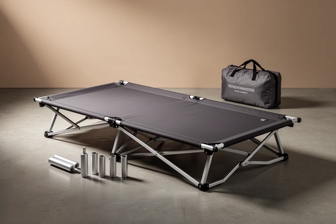 Folding camping cot with dark polyester deck and aluminium frame on concrete floor