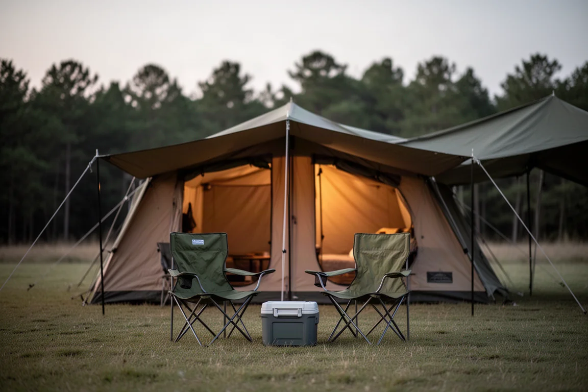 Duas cadeiras de camping e um cooler na frente de uma barraca cabin grande ao anoitecer