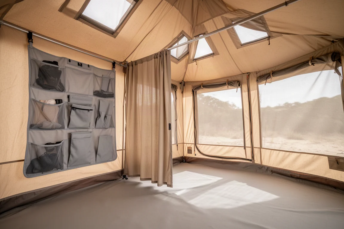 Interior de uma barraca cabin grande com organizador de tela e divisória de privacidade