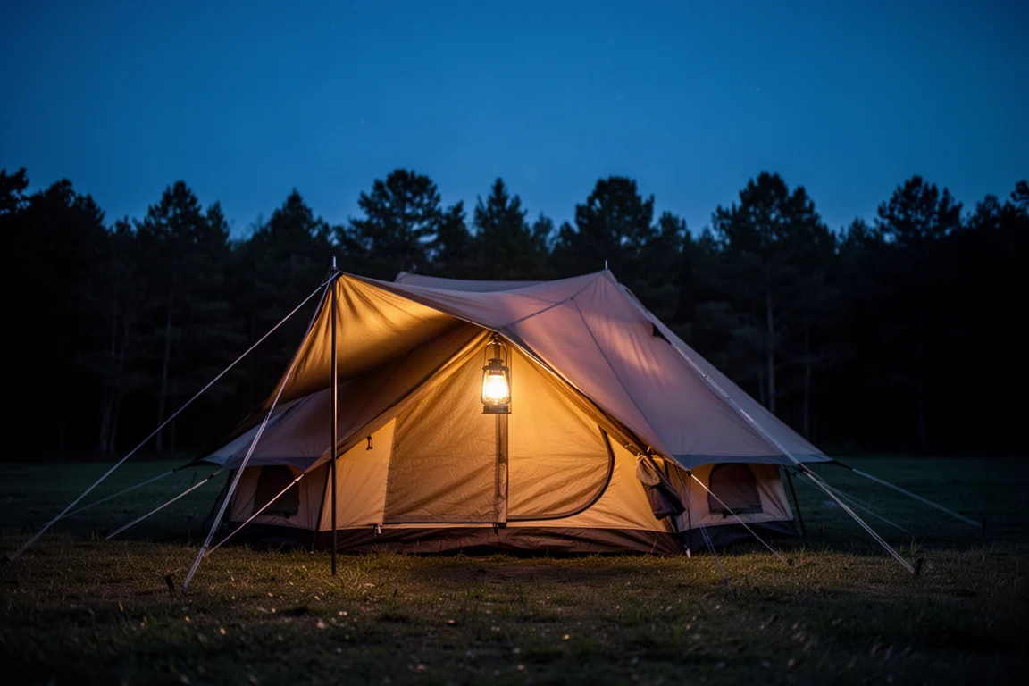 Barraca cabin grande iluminada por uma lanterna interna em um camping gramado à noite