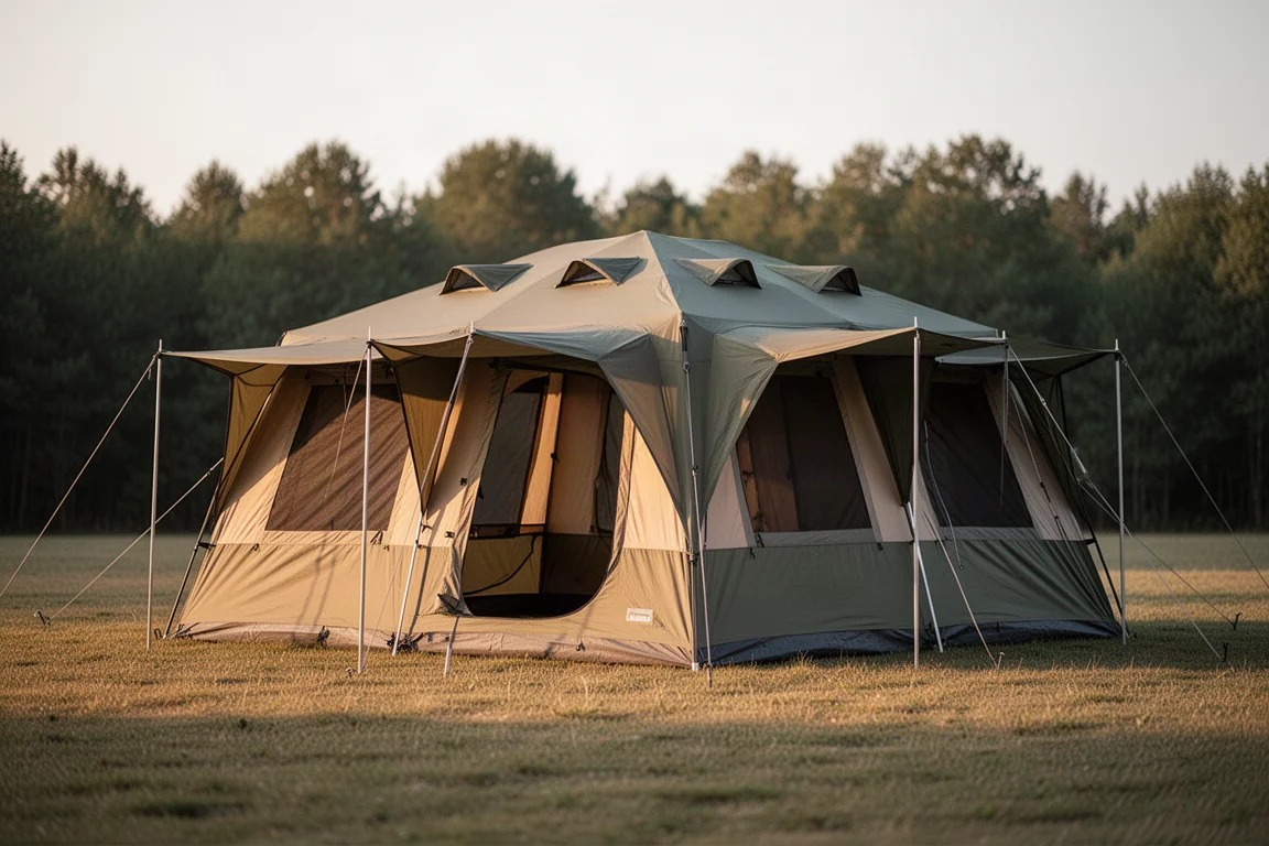 Large eight-person cabin camping tent pitched on grass at golden hour with treeline behind