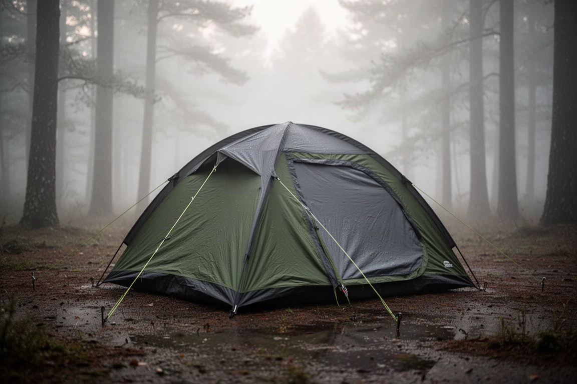 Compact two-person camping tent with dark flysheet pitched on a neutral concrete surface