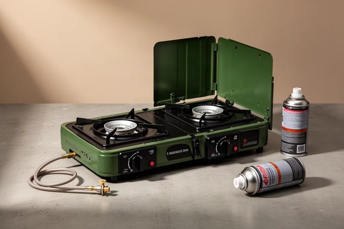 Folding two-burner camp stove opened on a concrete surface with fuel hose and canister
