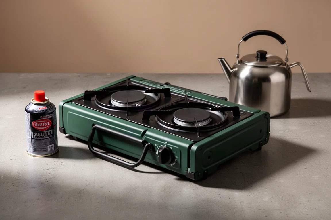 Folded green and black two-burner camping stove on concrete with fuel canister and kettle