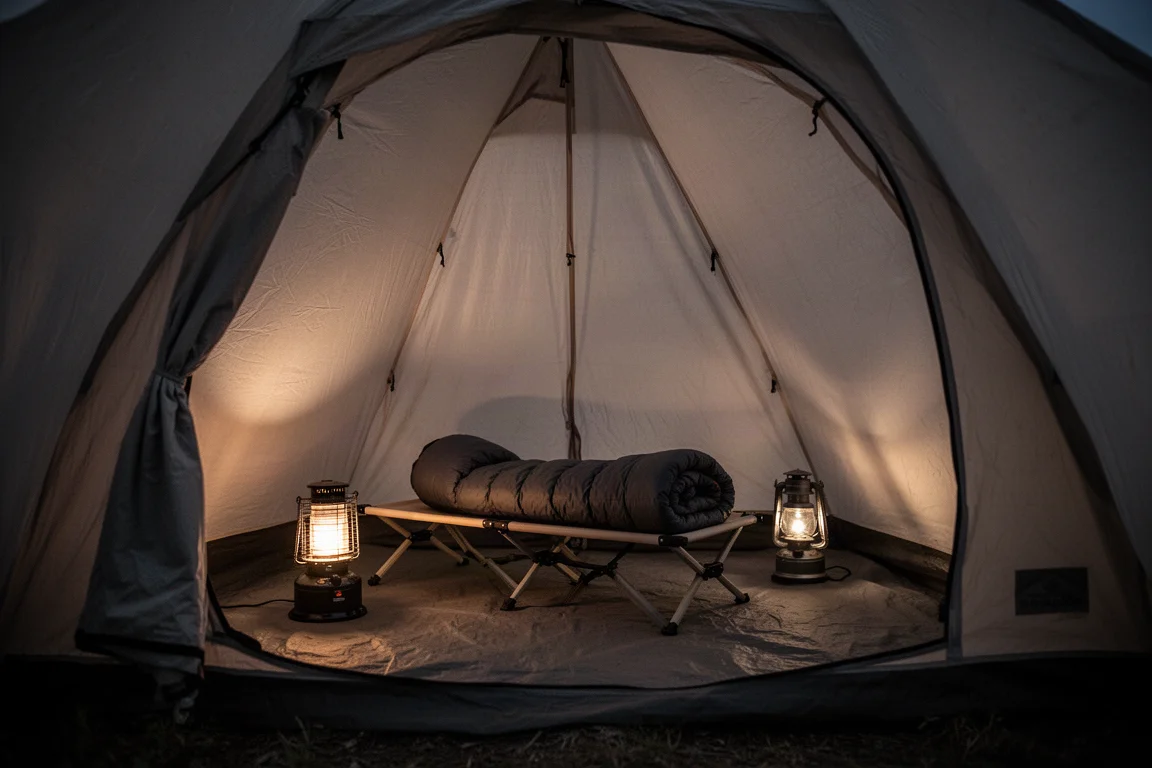 Dos sillas de camping y una mesita a la sombra de un toldo de tienda levantado