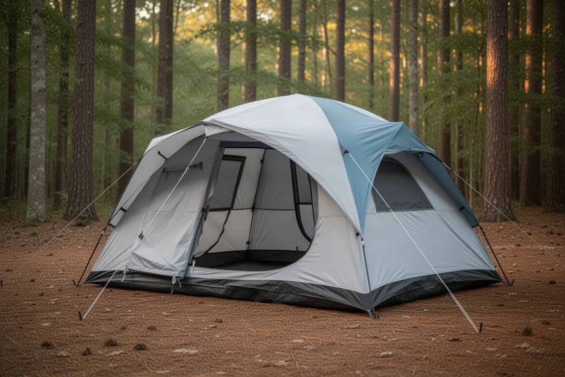 Large three-season camping tent with an open awning on a grassy clearing at golden hour