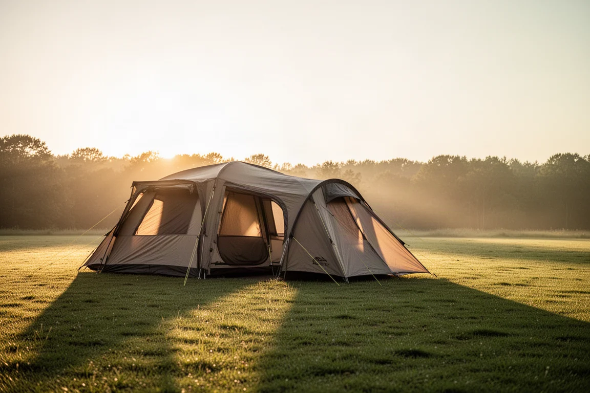 Large family tent pitched on grass at golden hour with warm summer light