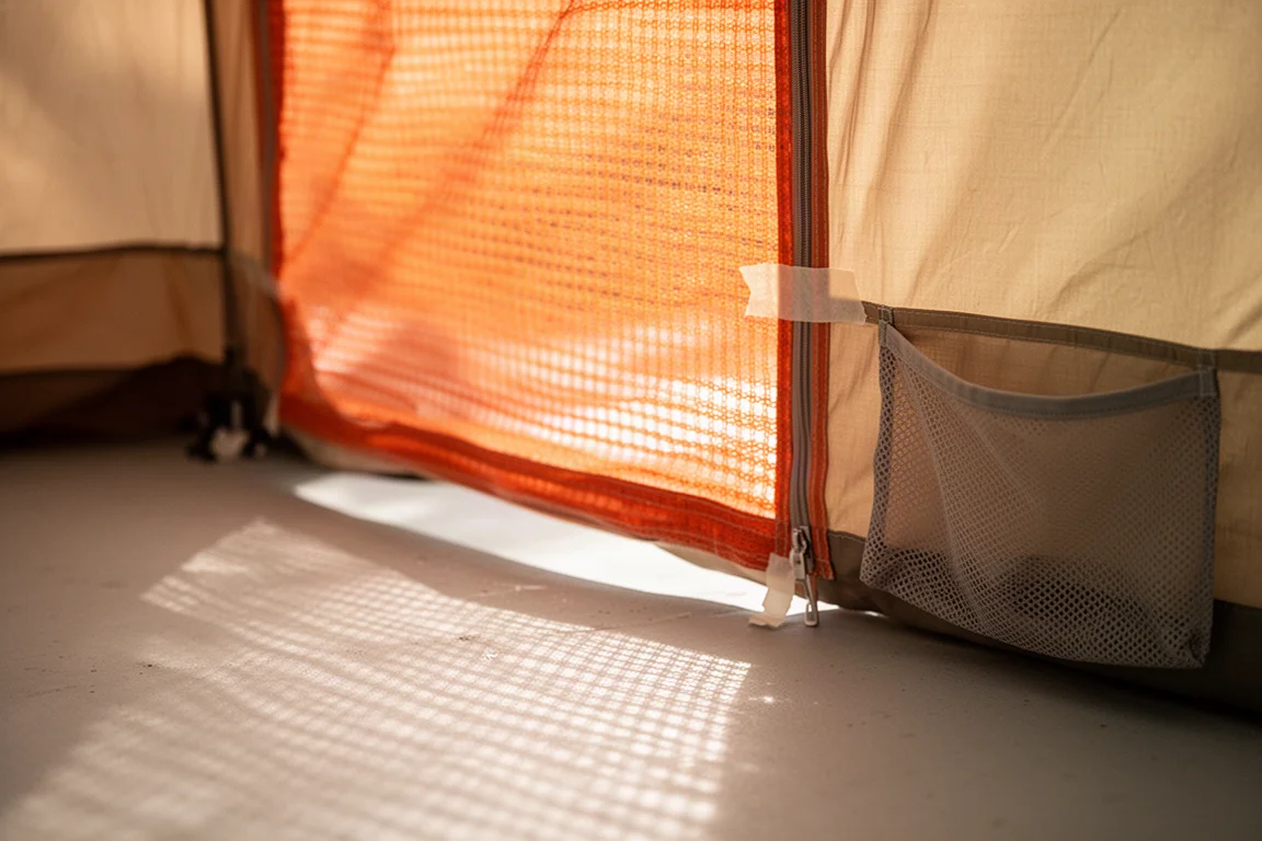 Close view of orange mesh tent wall with sunlight passing through the panels