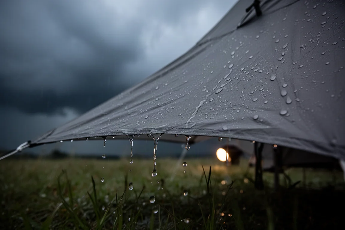Rain beading on a tent rainfly under a dark storm sky