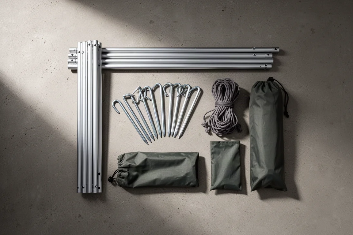 Overhead flat lay of tent poles, stakes, guylines and storage bags on concrete