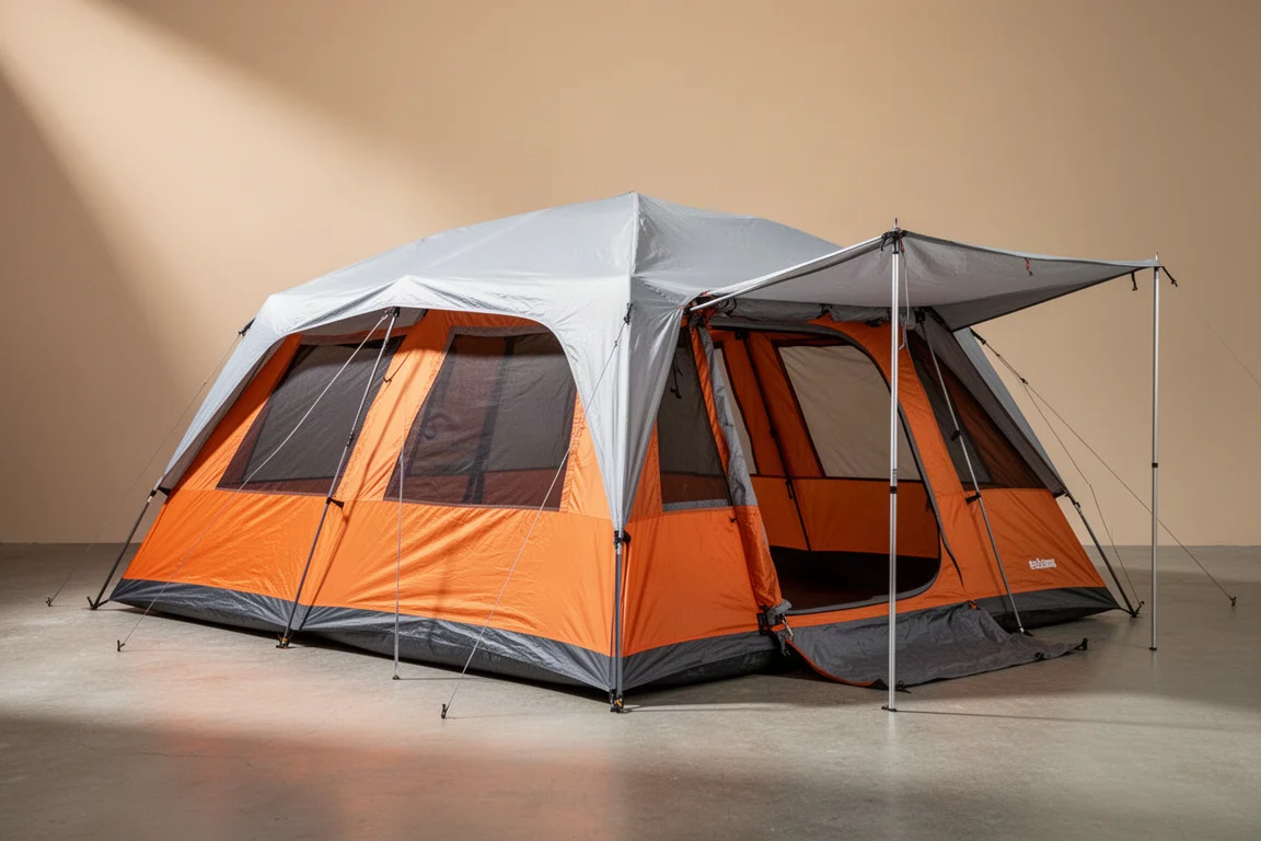 Large eight-person camping tent with orange mesh panels and grey rainfly on concrete