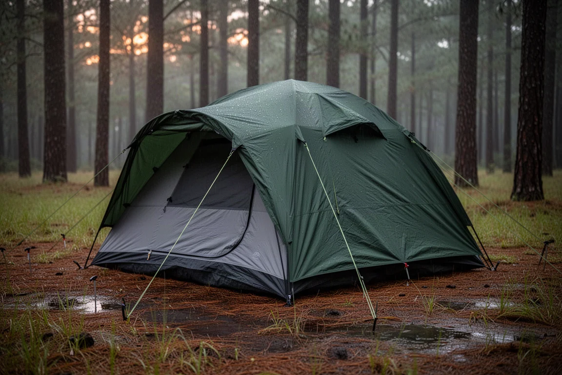 Large eight-person camping tent pitched in a forest clearing with taut guy lines