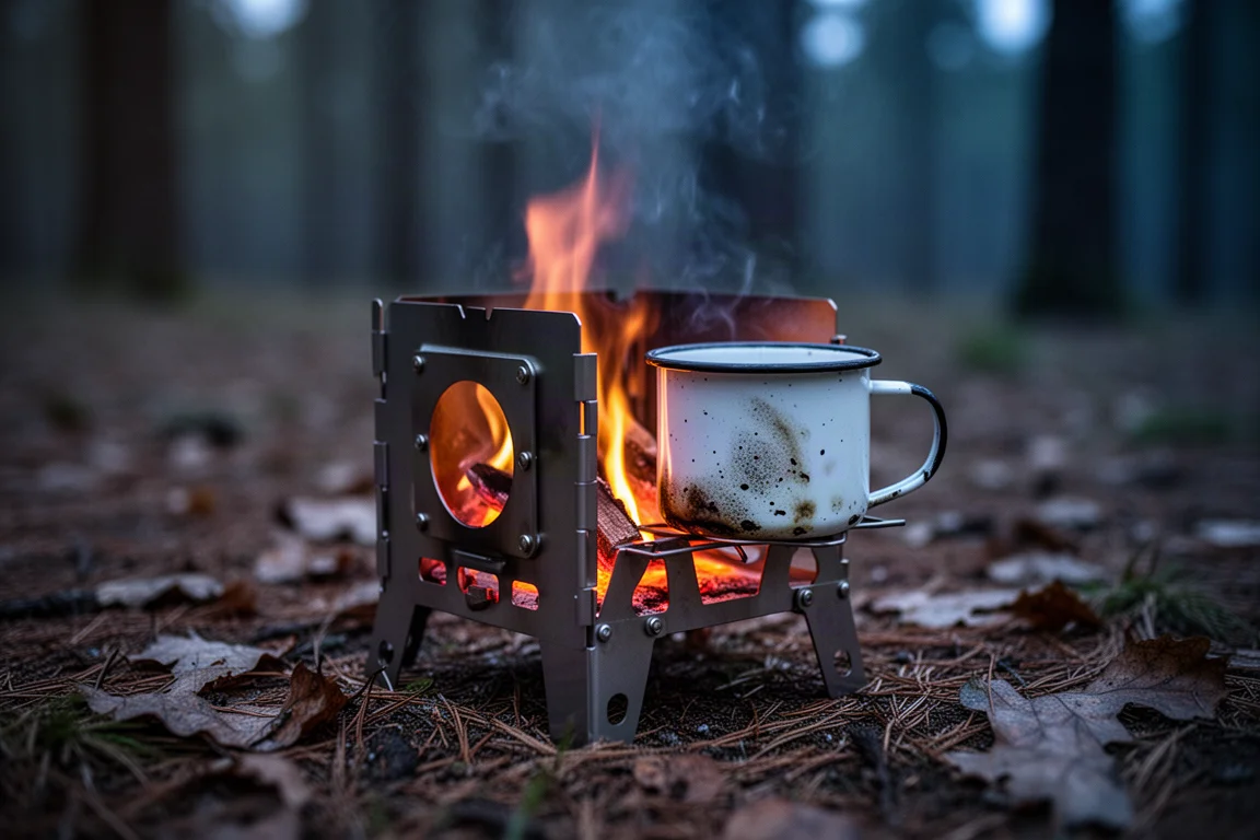 Kleines Holzfeuer brennt in der Dämmerung in einem zusammenklappbaren Titan-Campingofen