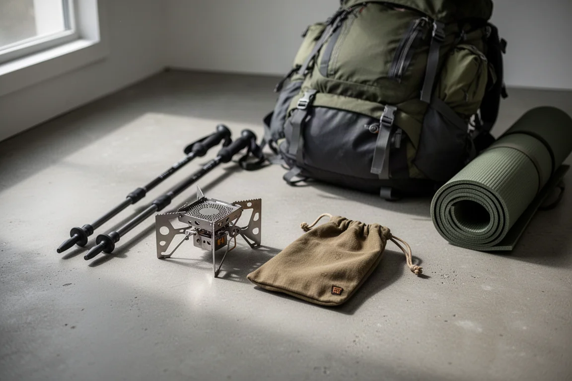 Zusammengeklappter Titan-Ofen und Leinenbeutel neben einem gepackten Wanderrucksack