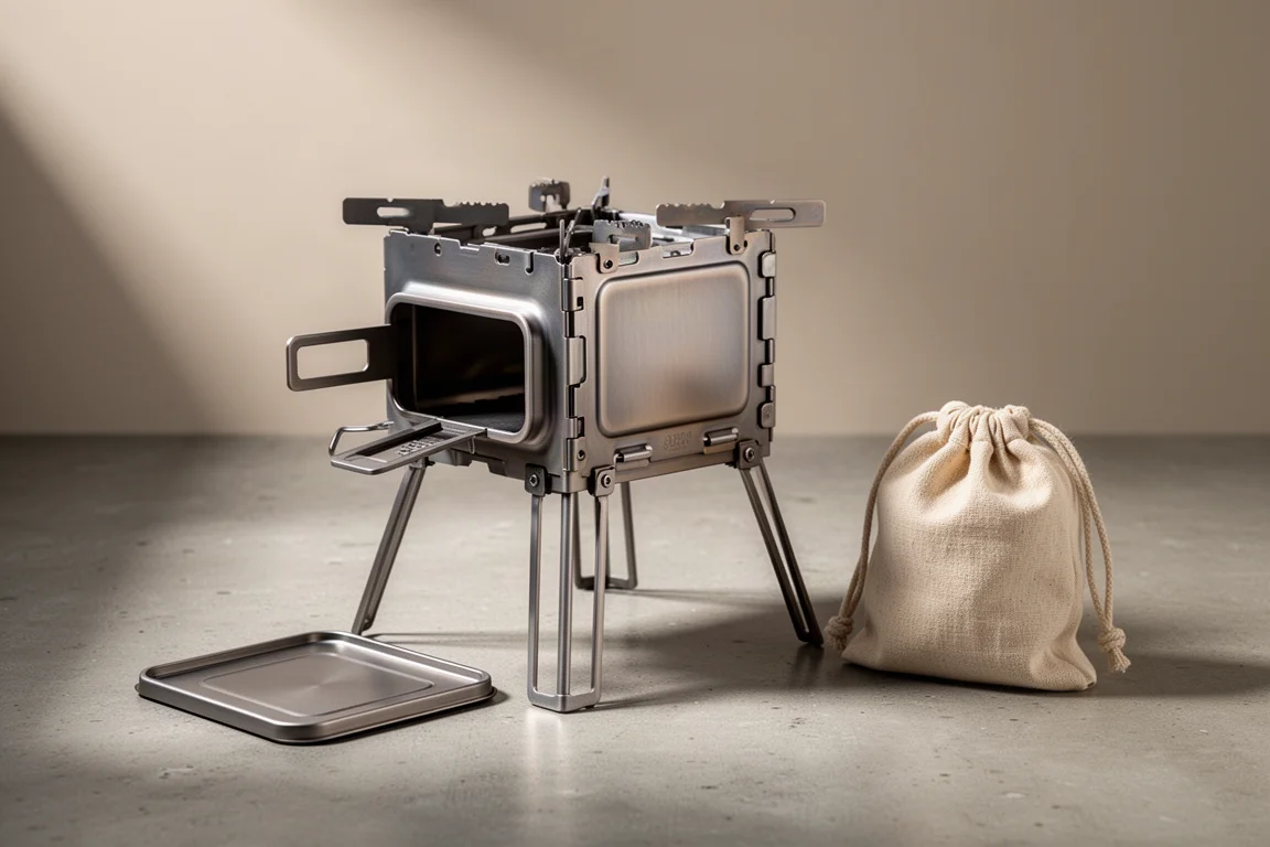 Folding titanium wood-burning camp stove with canvas bag on a concrete surface