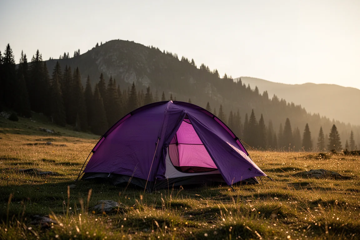 Leichtes Zweipersonenzelt in einer grasbewachsenen alpinen Lichtung zur goldenen Stunde aufgeschlagen