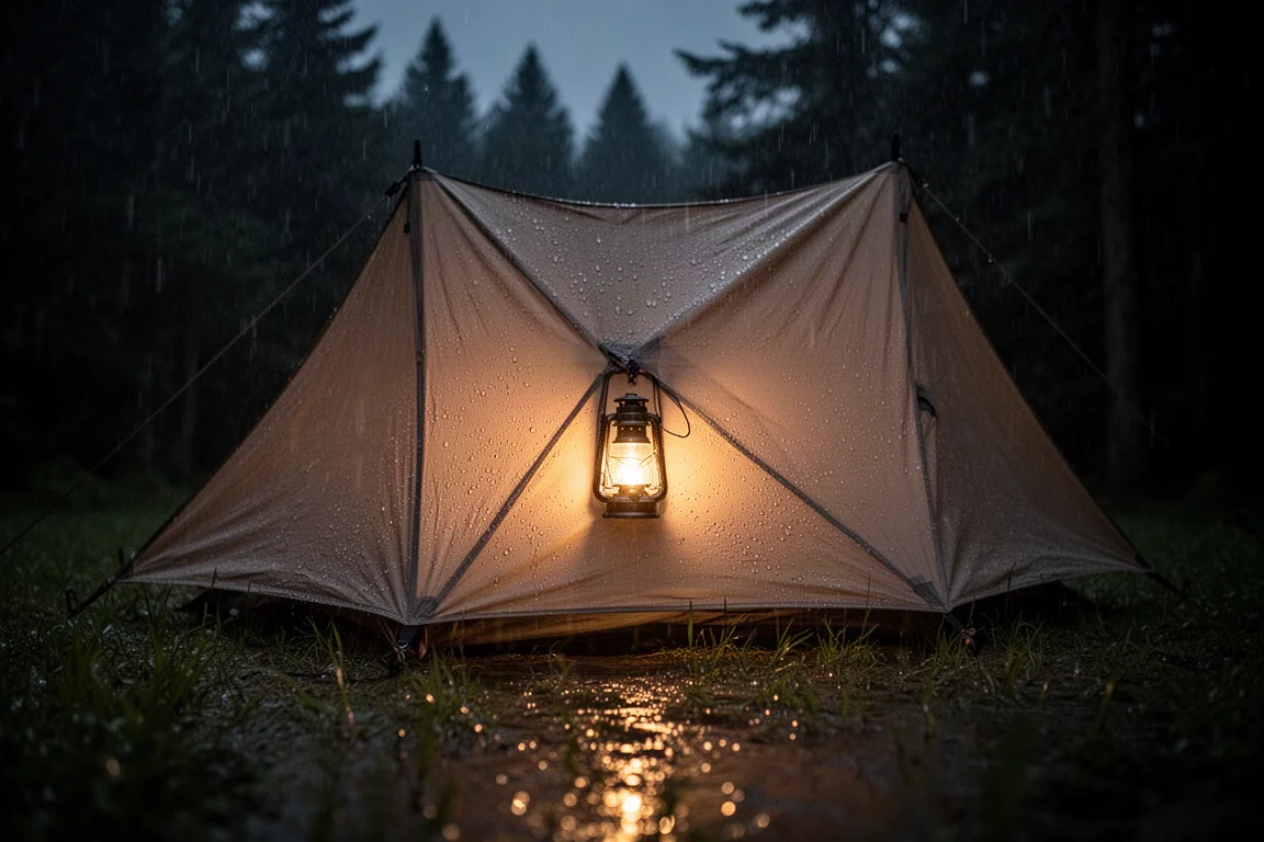 Zeltüberdach bei Nacht mit Regenperlen und warmem Licht, das von innen heraus leuchtet