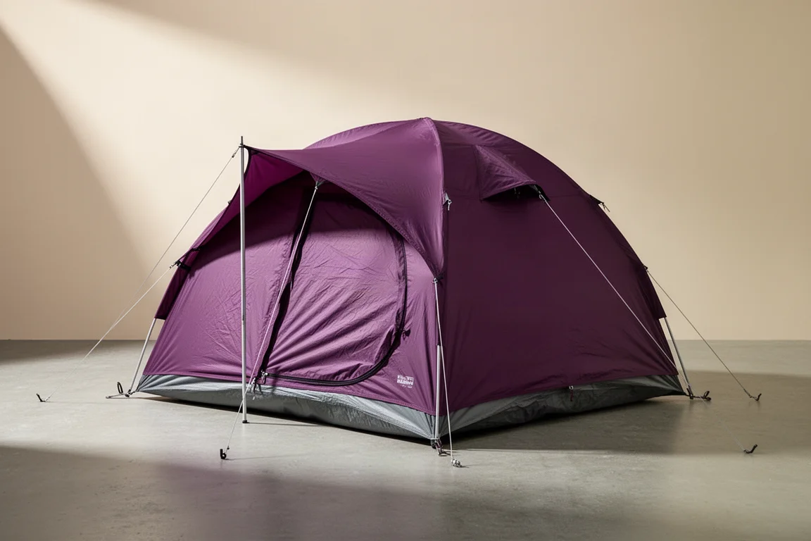 Purple two-person backpacking tent pitched on a neutral studio backdrop