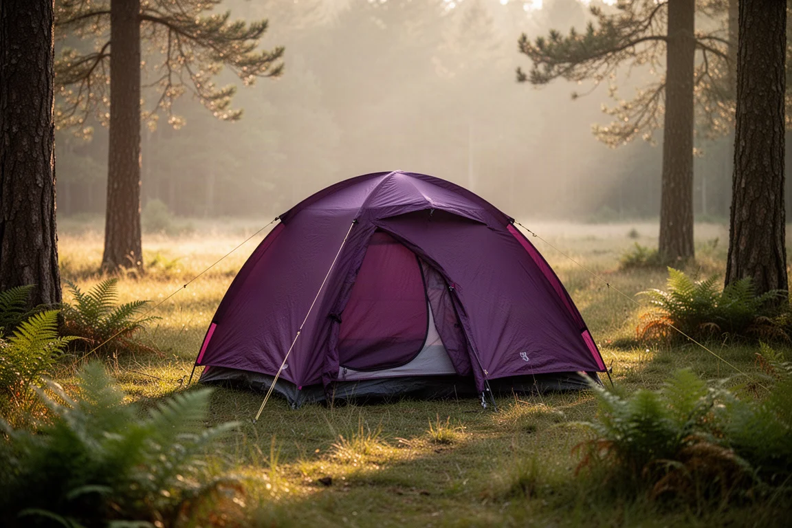 Tenda da backpacking viola da due posti montata in una radura erbosa del bosco durante l'ora d'oro