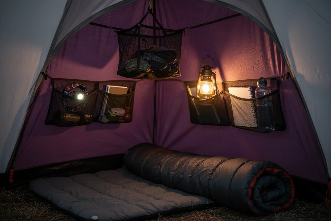 Interno della tenda di notte con organizer in mesh per l'attrezzatura e tasche a parete illuminate da una lanterna