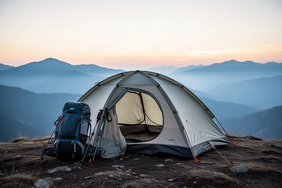 Tenda leggera montata su un crinale all'alba con uno zaino e bastoncini da trekking