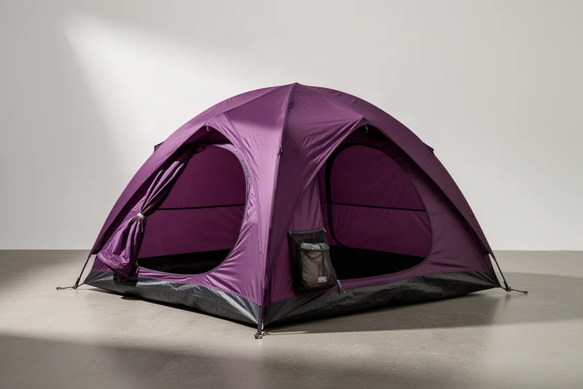 Purple freestanding two-person backpacking tent pitched on a neutral grey studio backdrop