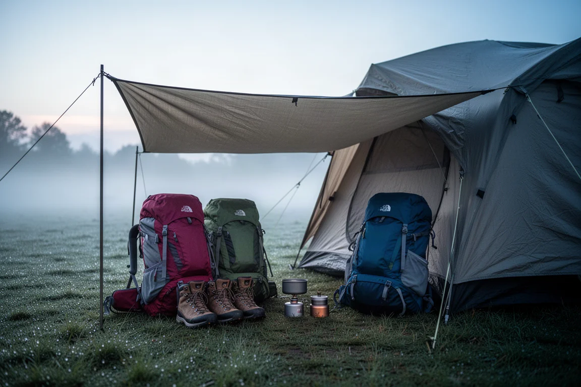 Wanderrucksäcke und Stiefel, die im Morgengrauen unter einem überdachten Vorbaubereich neben einem Zelt gelagert sind