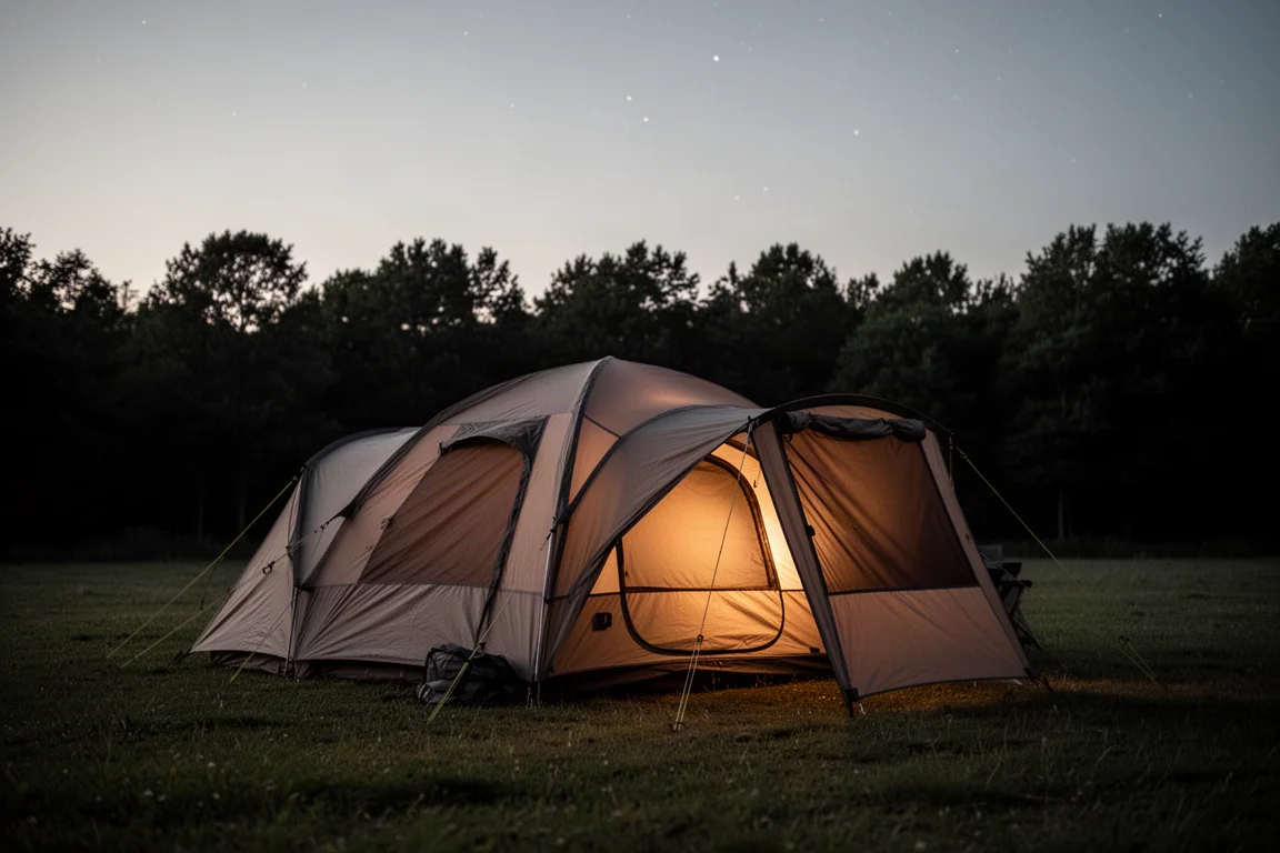 Zelt und angebauter Vorbau leuchten in der Dämmerung auf einem ruhigen Wiesencampingplatz