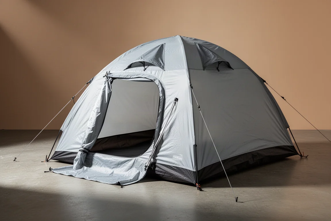 Light gray nylon vestibule panel attached to the front of a large two-person dome tent