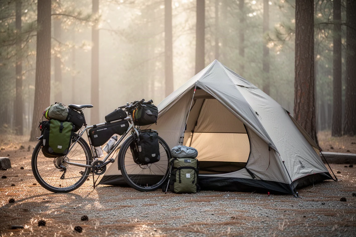 Beladenes Tourenfahrrad neben einem aufgeschlagenen Zelt auf einem Waldcampingplatz im Licht des späten Nachmittags