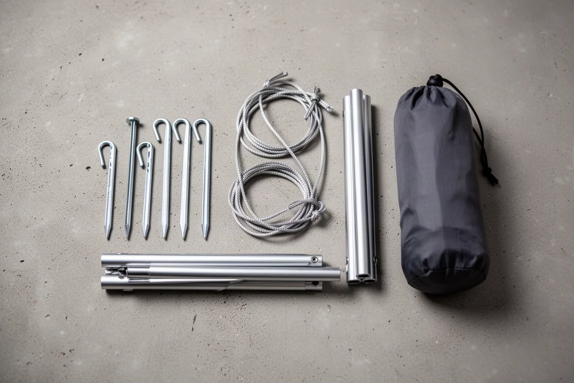 Draufsicht auf Zelt-Heringe, Abspannleinen, ein Aluminiumstangensegment und einen Packsack auf Beton