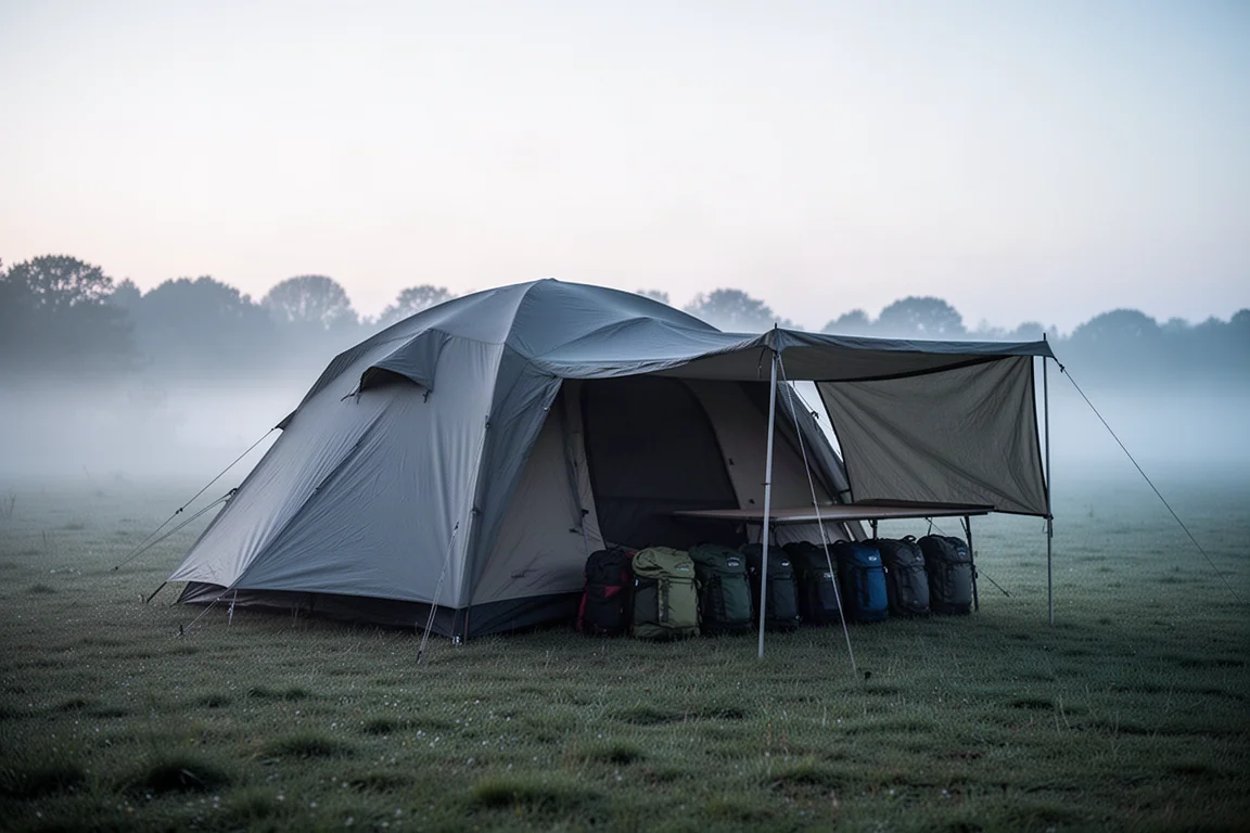 Campingplatz im ersten Licht mit Ausrüstungstaschen unter einer niedrigen überdachten Zelterweiterung